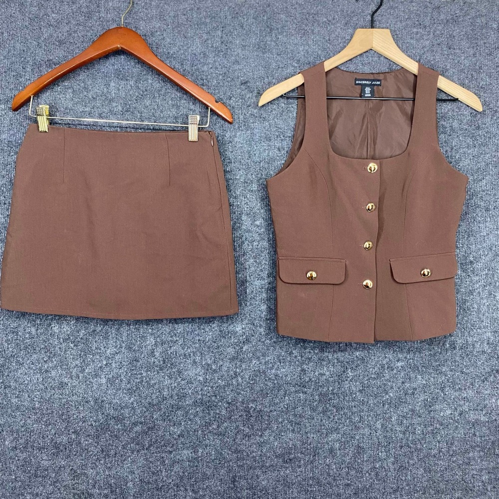 Sincerely Jules Brown Vest and Mini Skirt 2 Piece Set Gold Buttons Mens M